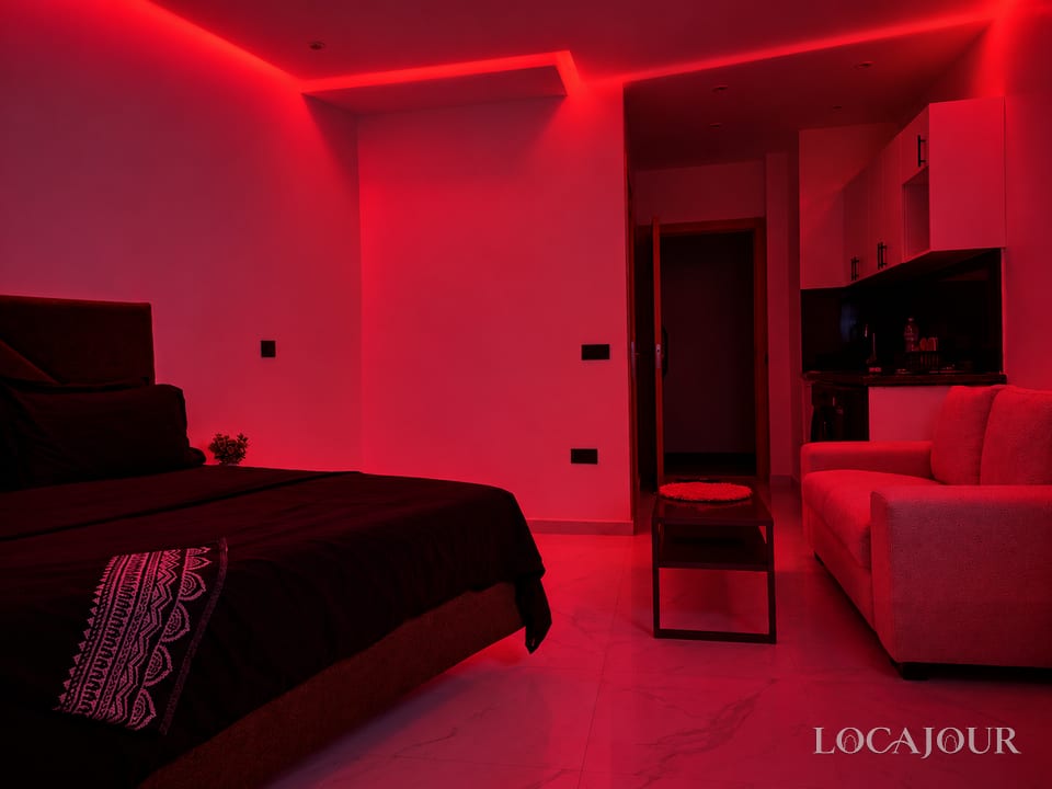 Luxury studio in Agdal Rabat with bed sofa equipped kitchen and modern ambient lighting